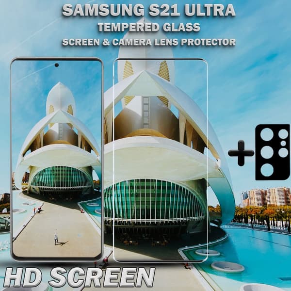 1-Pack Samsung S21 Ultra Skärmskydd & 1-Pack linsskydd - Härdat Glas 9H - Super kvalitet 3D