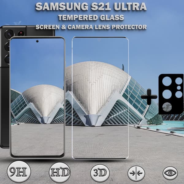 1-Pack Samsung S21 Ultra Skärmskydd & 1-Pack linsskydd - Härdat Glas 9H - Super kvalitet 3D