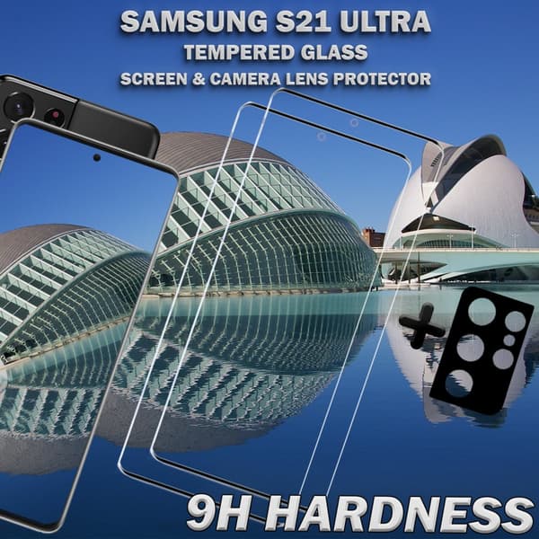 2-Pack Samsung S21 Ultra Skärmskydd & 1-Pack linsskydd - Härdat Glas 9H - Super kvalitet 3D