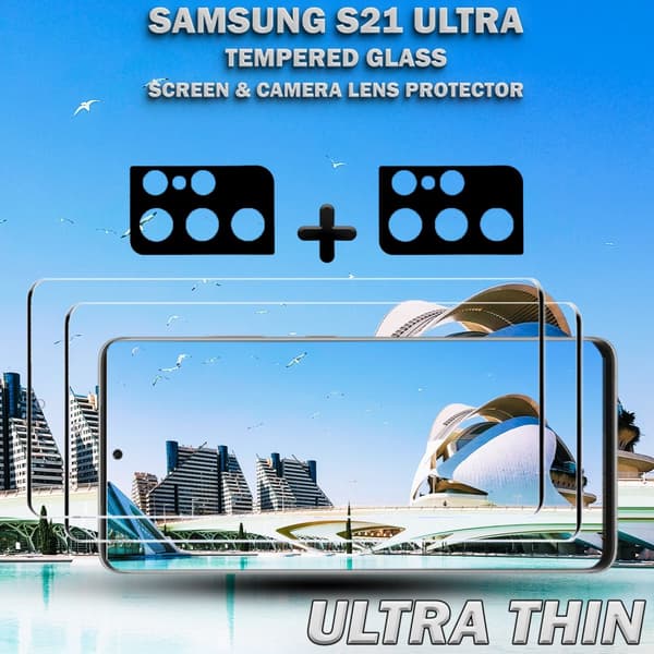2-Pack Samsung S21 Ultra Skärmskydd & 2-Pack linsskydd - Härdat Glas 9H - Super kvalitet 3D