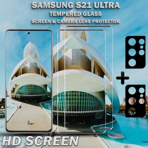 2-Pack Samsung S21 Ultra Skärmskydd & 2-Pack linsskydd - Härdat Glas 9H - Super kvalitet 3D