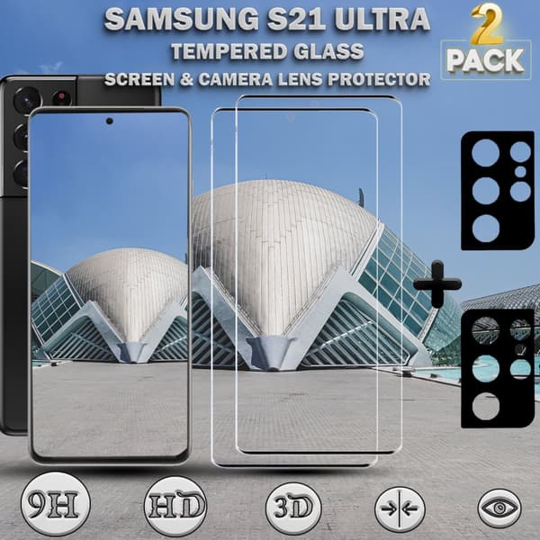 2-Pack Samsung S21 Ultra Skärmskydd & 2-Pack linsskydd - Härdat Glas 9H - Super kvalitet 3D