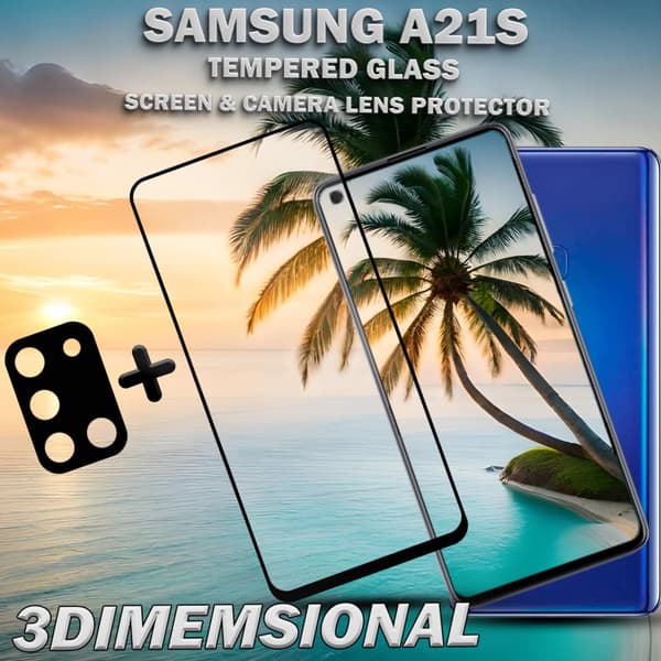 1-Pack Samsung A21s Skärmskydd & 1-Pack linsskydd - Härdat Glas 9H - Super kvalitet 3D