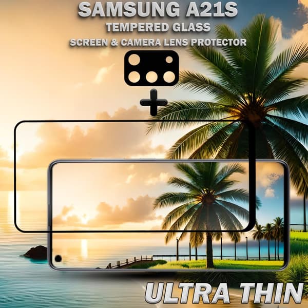 1-Pack Samsung A21s Skärmskydd & 1-Pack linsskydd - Härdat Glas 9H - Super kvalitet 3D