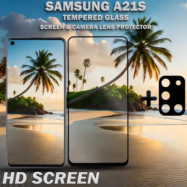 1-Pack Samsung A21s Skärmskydd & 1-Pack linsskydd - Härdat Glas 9H - Super kvalitet 3D