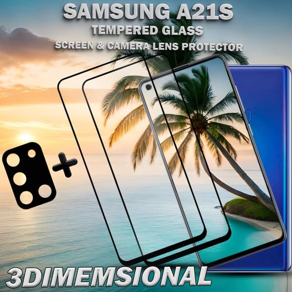 2-Pack Samsung A21s Skärmskydd & 1-Pack linsskydd - Härdat Glas 9H - Super kvalitet 3D