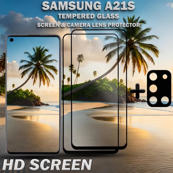 2-Pack Samsung A21s Skärmskydd & 1-Pack linsskydd - Härdat Glas 9H - Super kvalitet 3D