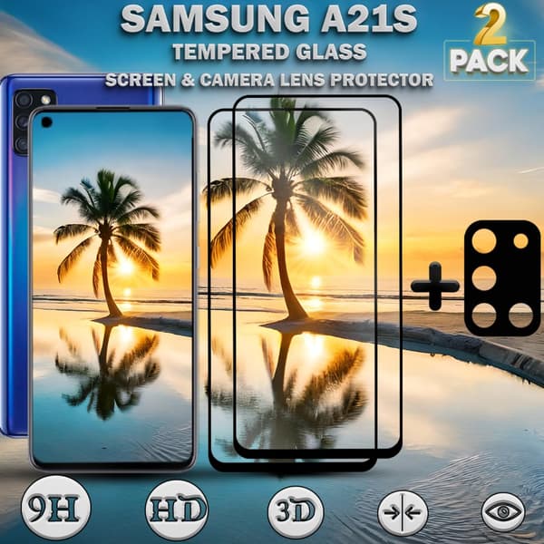 2-Pack Samsung A21s Skärmskydd & 1-Pack linsskydd - Härdat Glas 9H - Super kvalitet 3D