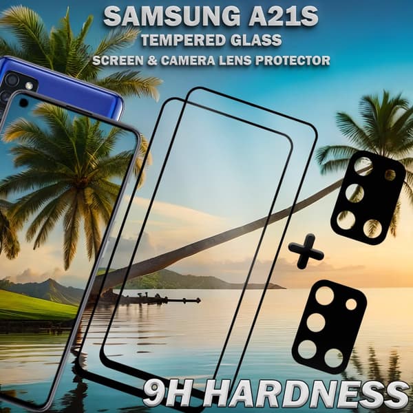 2-Pack Samsung A21s Skärmskydd & 2-Pack linsskydd - Härdat Glas 9H - Super kvalitet 3D