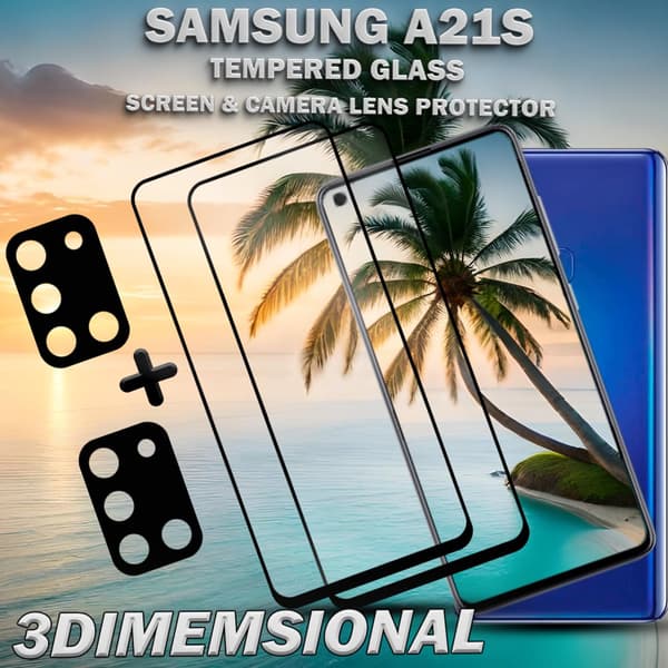 2-Pack Samsung A21s Skärmskydd & 2-Pack linsskydd - Härdat Glas 9H - Super kvalitet 3D