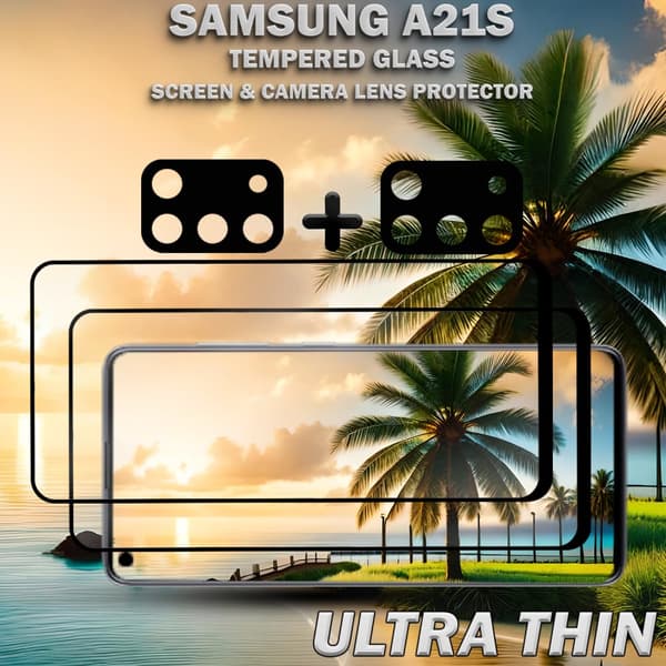2-Pack Samsung A21s Skärmskydd & 2-Pack linsskydd - Härdat Glas 9H - Super kvalitet 3D