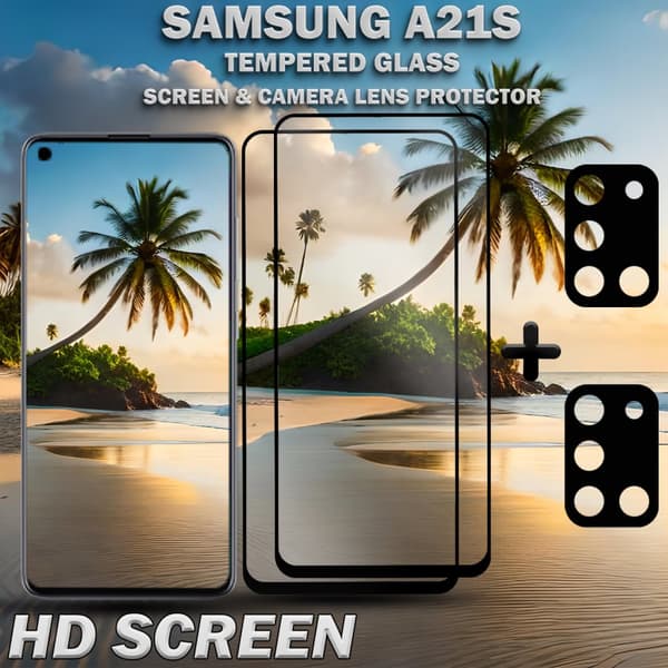 2-Pack Samsung A21s Skärmskydd & 2-Pack linsskydd - Härdat Glas 9H - Super kvalitet 3D