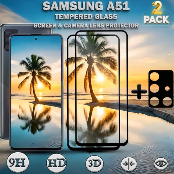 2-Pack Samsung A51 Skärmskydd & 1-Pack linsskydd - Härdat Glas 9H - Super kvalitet 3D