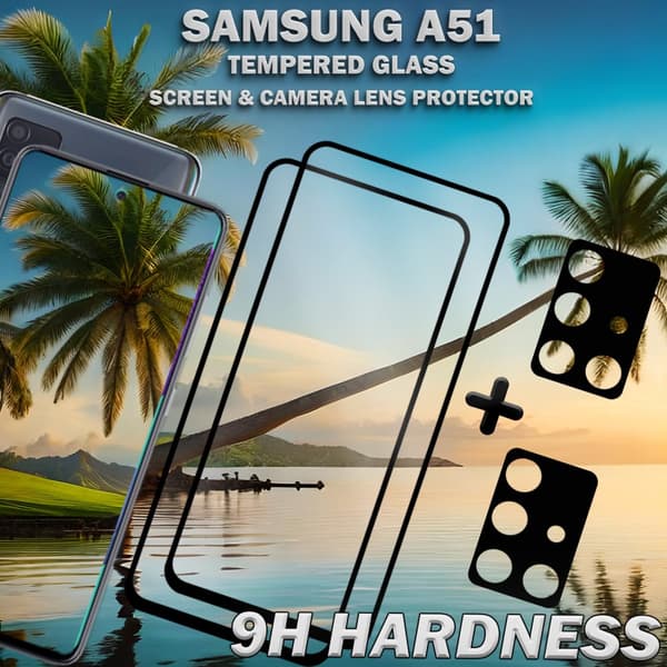 2-Pack Samsung A51 Skärmskydd & 2-Pack linsskydd - Härdat Glas 9H - Super kvalitet 3D
