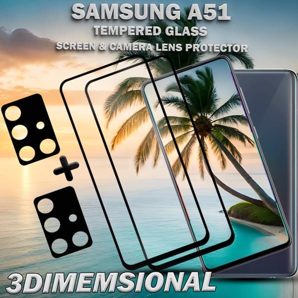 2-Pack Samsung A51 Skärmskydd & 2-Pack linsskydd - Härdat Glas 9H - Super kvalitet 3D