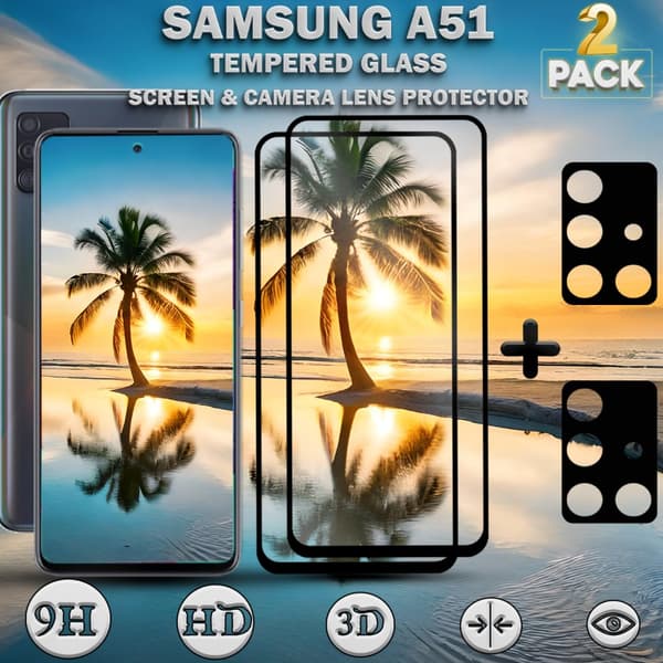2-Pack Samsung A51 Skärmskydd & 2-Pack linsskydd - Härdat Glas 9H - Super kvalitet 3D
