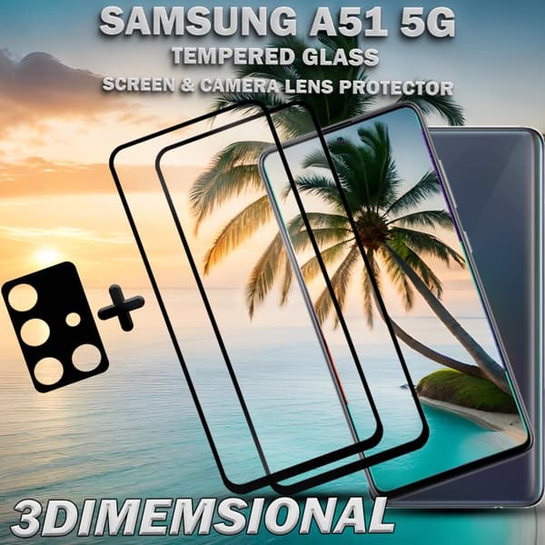 2-Pack Samsung A51 (5G) Skärmskydd & 1-Pack linsskydd - Härdat Glas 9H - Super kvalitet 3D