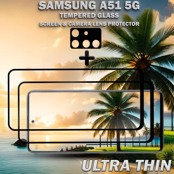2-Pack Samsung A51 (5G) Skärmskydd & 1-Pack linsskydd - Härdat Glas 9H - Super kvalitet 3D