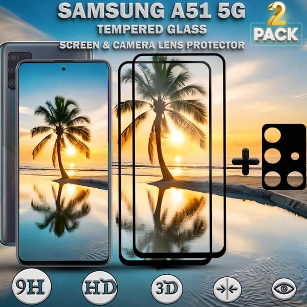 2-Pack Samsung A51 (5G) Skärmskydd & 1-Pack linsskydd - Härdat Glas 9H - Super kvalitet 3D