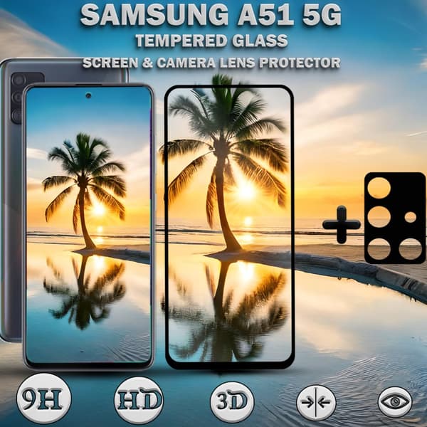 1-Pack Samsung A51 (5G) Skärmskydd & 1-Pack linsskydd - Härdat Glas 9H - Super kvalitet 3D