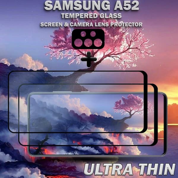 2-Pack Samsung A52 Skärmskydd & 1-Pack linsskydd - Härdat Glas 9H - Super kvalitet 3D