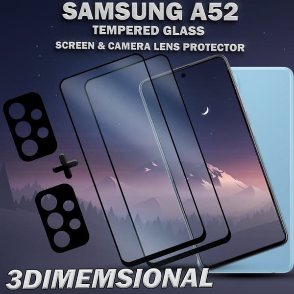 2-Pack Samsung A52 Skärmskydd & 2-Pack linsskydd - Härdat Glas 9H - Super kvalitet 3D