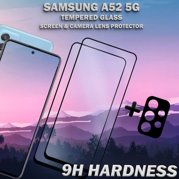2-Pack Samsung A52 (5G) Skärmskydd & 1-Pack linsskydd - Härdat Glas 9H - Super kvalitet 3D