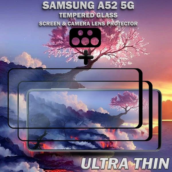 2-Pack Samsung A52 (5G) Skärmskydd & 1-Pack linsskydd - Härdat Glas 9H - Super kvalitet 3D