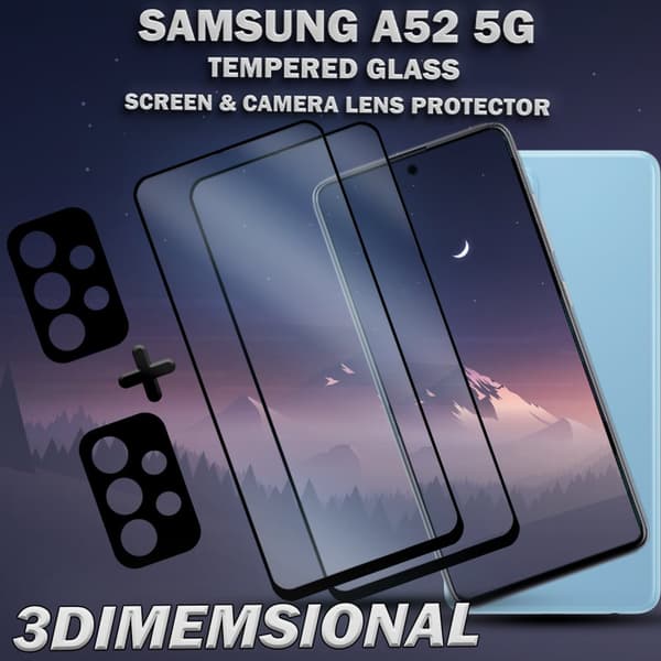 2-Pack Samsung A52 (5G) Skärmskydd & 2-Pack linsskydd - Härdat Glas 9H - Super kvalitet 3D