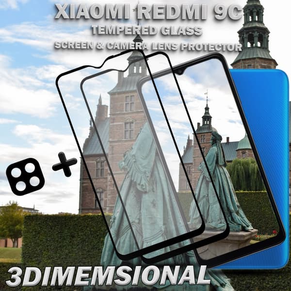 2-Pack Xiaomi Redmi 9C Skärmskydd & 1-Pack linsskydd - Härdat Glas 9H - Super kvalitet 3D