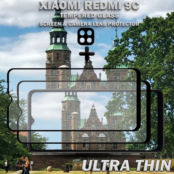 2-Pack Xiaomi Redmi 9C Skärmskydd & 1-Pack linsskydd - Härdat Glas 9H - Super kvalitet 3D