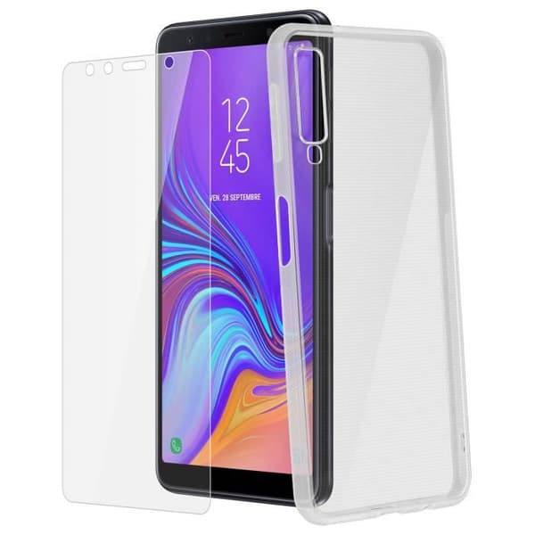 Baksida + Härdat glasfilm - Samsung - Galaxy A7 2018 - Transparent - Silikon - Skärmskydd