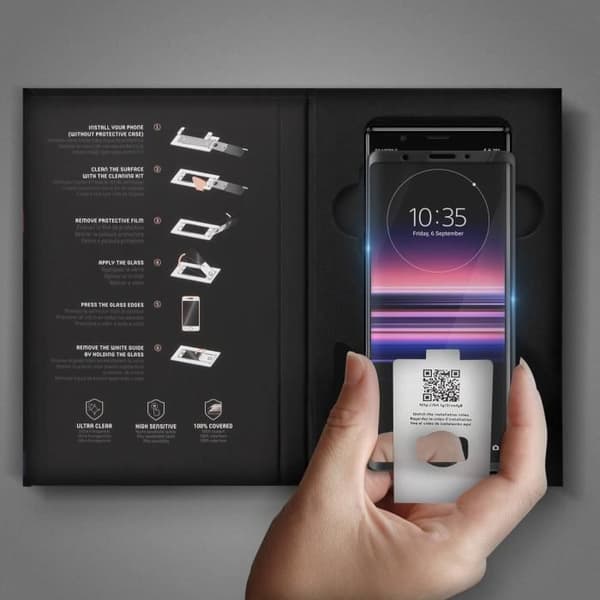 Skyddsfilm - MUVIT - Xperia 5 - Böjt härdat glas - Applikator ingår - Svart