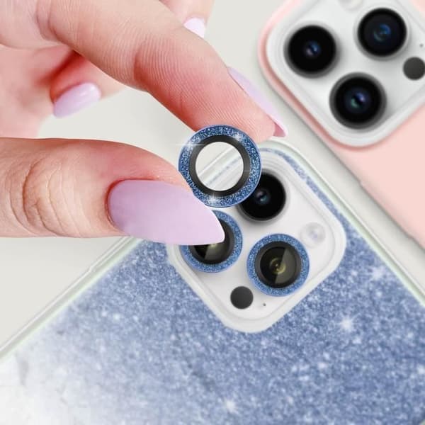 Kamerafilm iPhone 14 Pro och 14 Pro Max Härdat glas 0,2 mm Blå glitterkontur