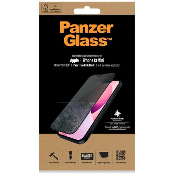 Privacy Case Friendly Anti-bakteriellt skärmskydd för iPhone 13 Mini - PANZER GLASS - Svart