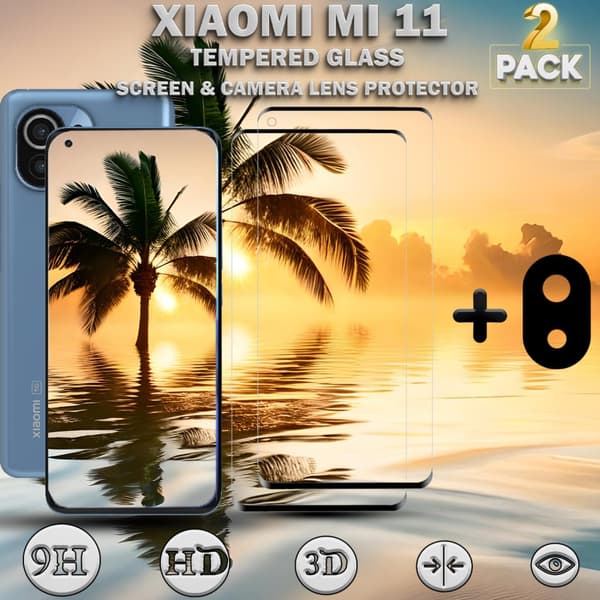 2-Pack Xiaomi Mi 11 Skärmskydd & 1-Pack linsskydd - Härdat Glas 9H - Super kvalitet 3D