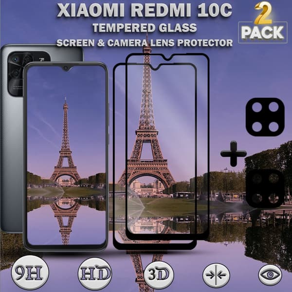 2-Pack Xiaomi Redmi 10C & 2-Pack linsskydd - Härdat Glas 9H - Super kvalitet 3D