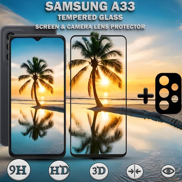 1-Pack Samsung A33 Skärmskydd & 1-Pack linsskydd - Härdat Glas 9H - Super kvalitet 3D
