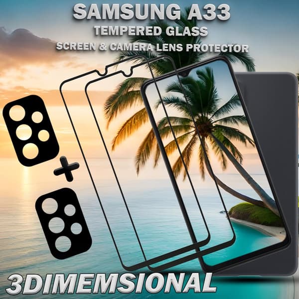 2-Pack Samsung A33 Skärmskydd & 2-Pack linsskydd - Härdat Glas 9H - Super kvalitet 3D