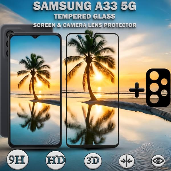 1-Pack Samsung A33 (5G) Skärmskydd & 1-Pack linsskydd - Härdat Glas 9H - Super kvalitet 3D
