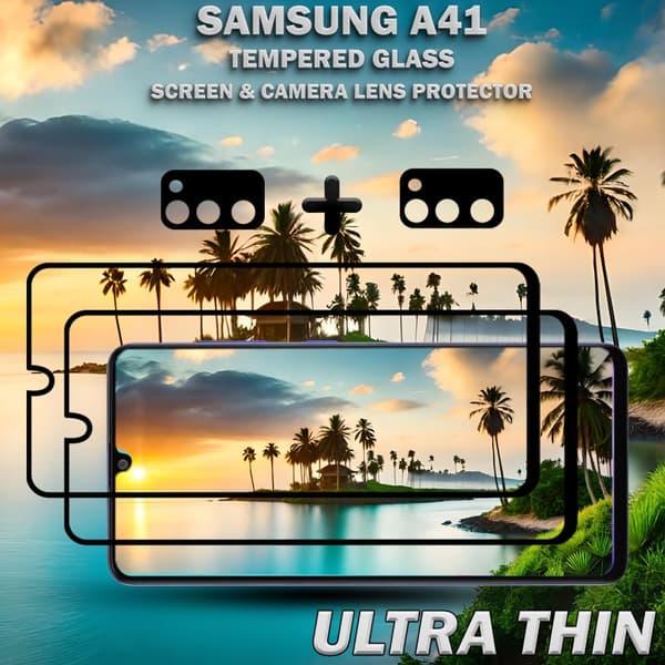2-Pack Samsung A41 Skärmskydd & 2-Pack linsskydd - Härdat Glas 9H - Super kvalitet 3D