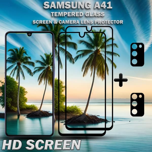 2-Pack Samsung A41 Skärmskydd & 2-Pack linsskydd - Härdat Glas 9H - Super kvalitet 3D
