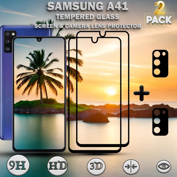 2-Pack Samsung A41 Skärmskydd & 2-Pack linsskydd - Härdat Glas 9H - Super kvalitet 3D