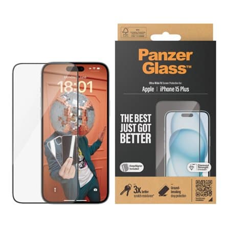 PanzerGlass Screen Protector iPhone 15 Plus | Ultra-Wide Fit w. EasyAligner
