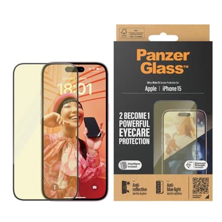 PanzerGlass | Screen protector | Apple | iPhone 15 | Glass | Clear | Ultra-Wide Fit; Easy installation; Fingerprint resistant; Anti-blue light; Anti-r