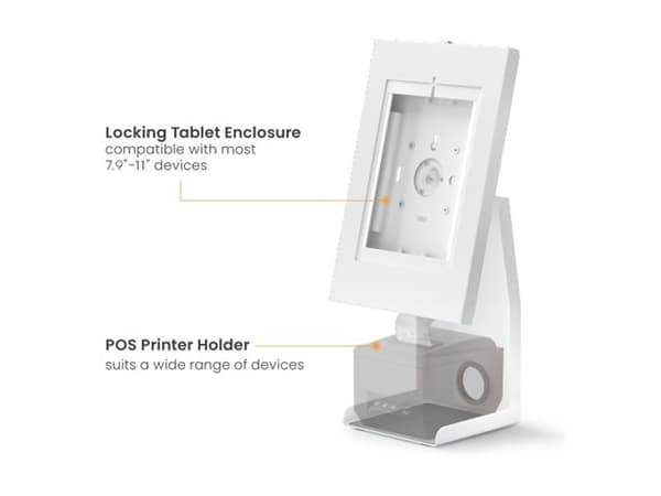 DELTACO Office ARM-0514 - Ställ - Rotera & Luta - för surfplatta - with POS printer holder - vit - monteringsgränssnitt: 75 x 75 mm - skrivbord