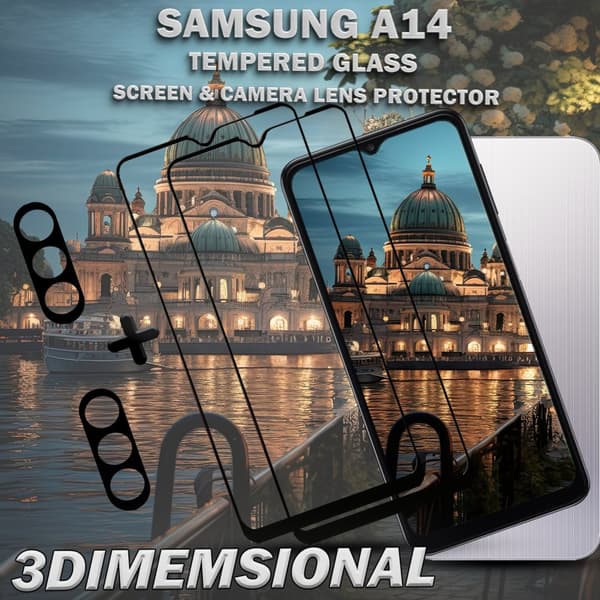 2-Pack Samsung A14 Skärmskydd & 2-Pack linsskydd - Härdat Glas 9H - Super kvalitet 3D