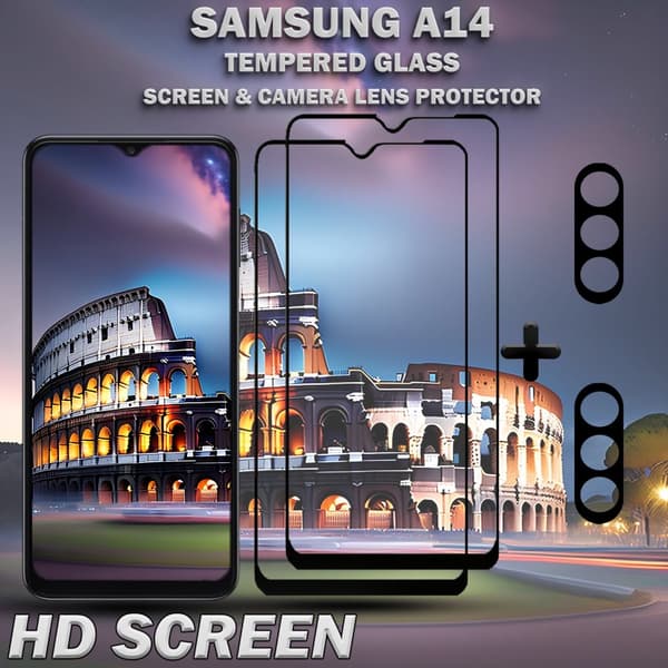 2-Pack Samsung A14 Skärmskydd & 2-Pack linsskydd - Härdat Glas 9H - Super kvalitet 3D