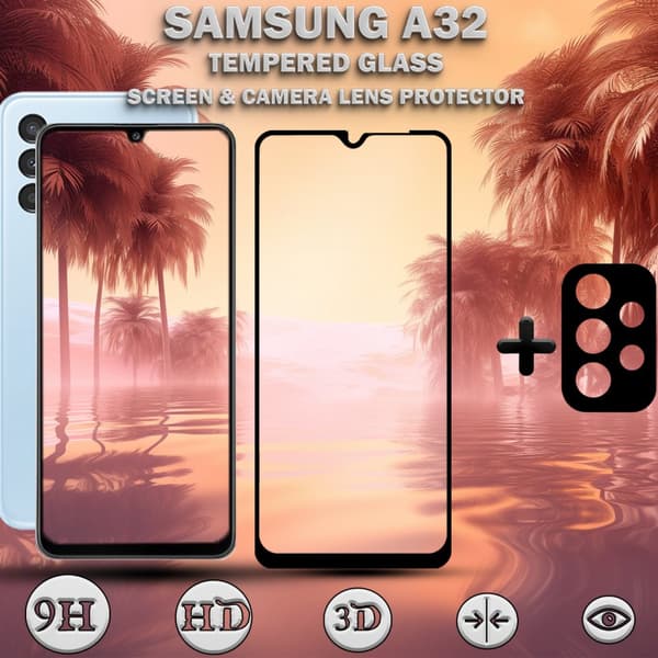 1-Pack Samsung A32 Skärmskydd & 1-Pack linsskydd - Härdat Glas 9H - Super kvalitet 3D