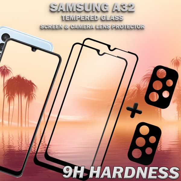 2-Pack Samsung A32 Skärmskydd & 2-Pack linsskydd - Härdat Glas 9H - Super kvalitet 3D